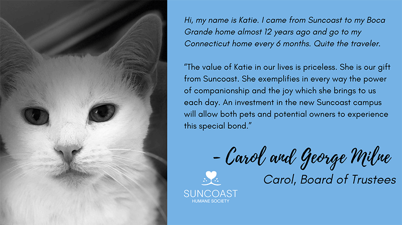 Hi, my name is Katie. I came from Suncoast to my Boca Grande home almost 12 years ago and go to my Connecticut home every 6 months. Quite the traveler. The value of Katie in our lives is priceless. She is our gift from Suncoast. She exemplifies in every way the power of companionship and the joy which she brings to us each day. An investment in the new Suncoast campus will allow both pets and potential owners to experience this special bond. - Carol & George Milne - Carol, Board of Trustees